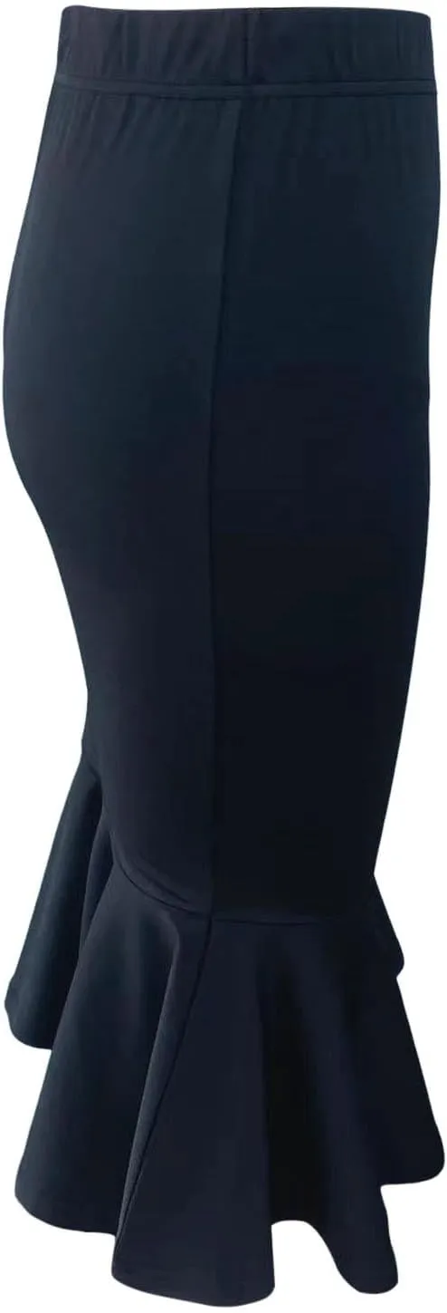 Pencil Skirt for Women Stretchy High Waist Office Work Bodycon Fishtail Skirts with Ruffle Hem Midi Length
