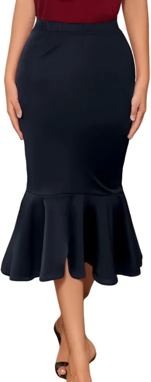 Pencil Skirt for Women Stretchy High Waist Office Work Bodycon Fishtail Skirts with Ruffle Hem Midi Length