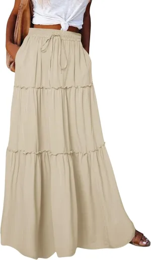 Pleated Long Skirts for Women Summer Casual Elastic High Waisted Skirts A-Line Flowy Swing Maxi Skirt with Pockets
