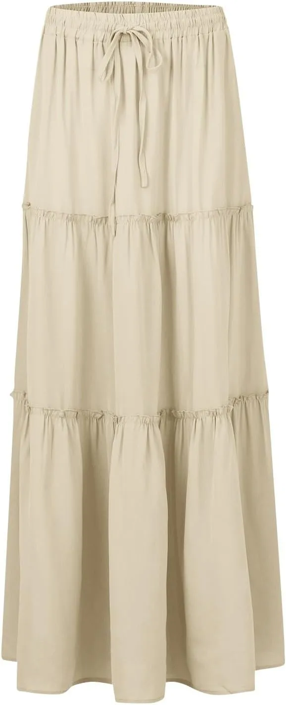 Pleated Long Skirts for Women Summer Casual Elastic High Waisted Skirts A-Line Flowy Swing Maxi Skirt with Pockets