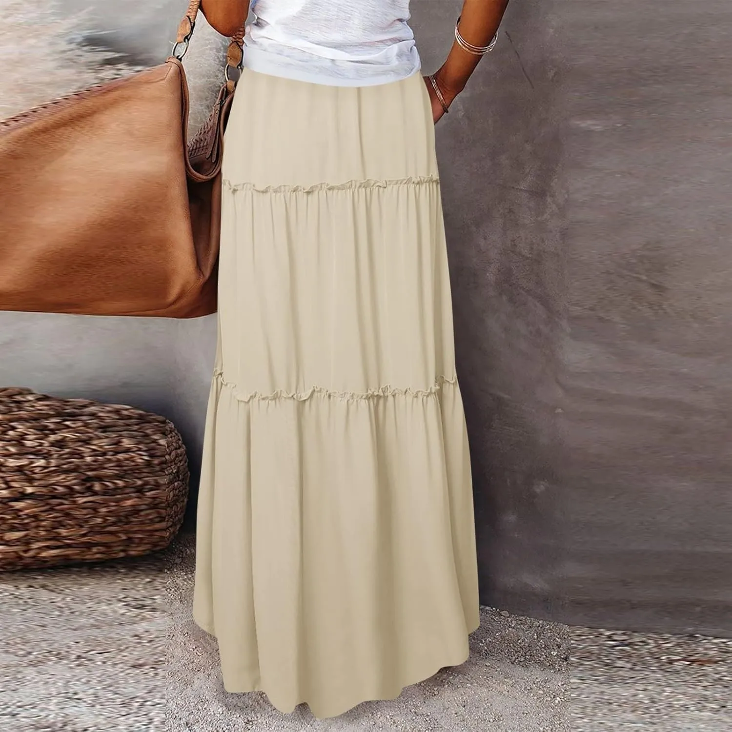 Pleated Long Skirts for Women Summer Casual Elastic High Waisted Skirts A-Line Flowy Swing Maxi Skirt with Pockets