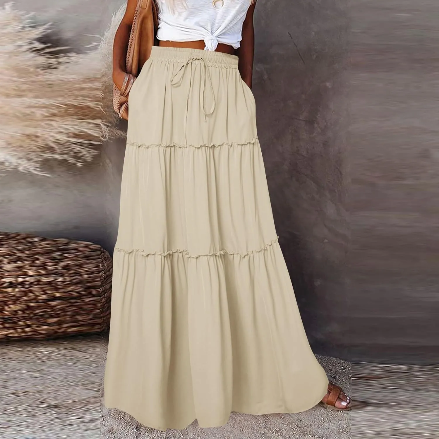 Pleated Long Skirts for Women Summer Casual Elastic High Waisted Skirts A-Line Flowy Swing Maxi Skirt with Pockets