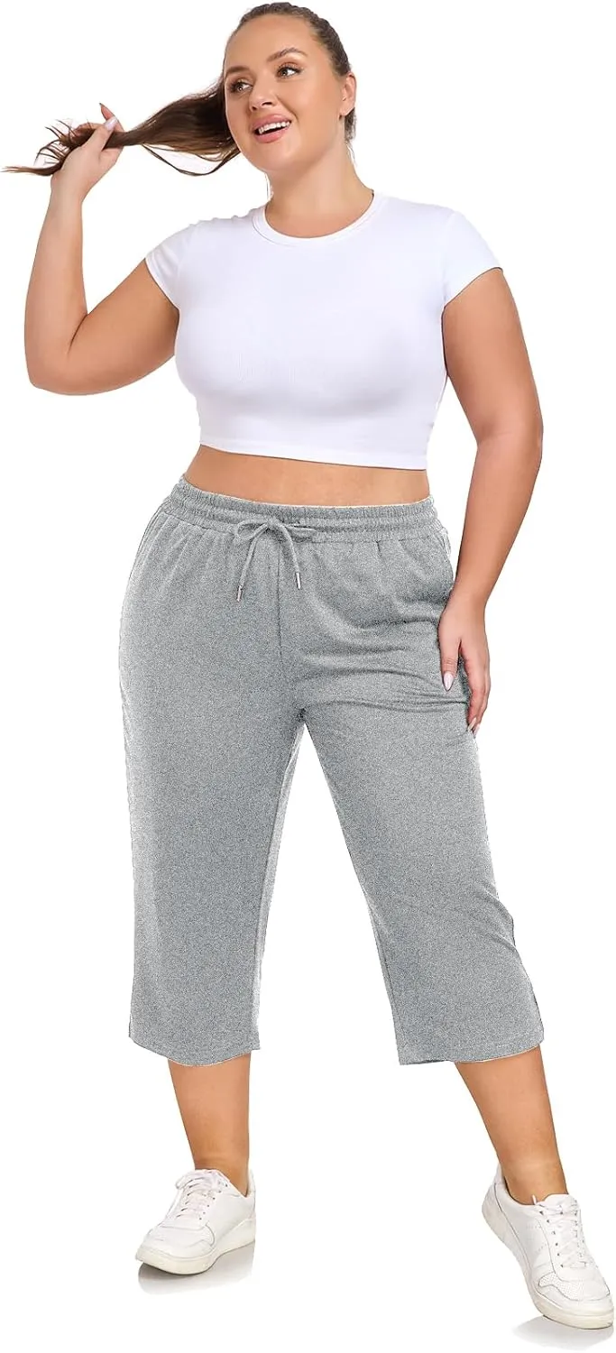 Plus Size Capri Pants for Women Loose Fit Yoga Pants with Pockets Workout Activewear Sweatpants