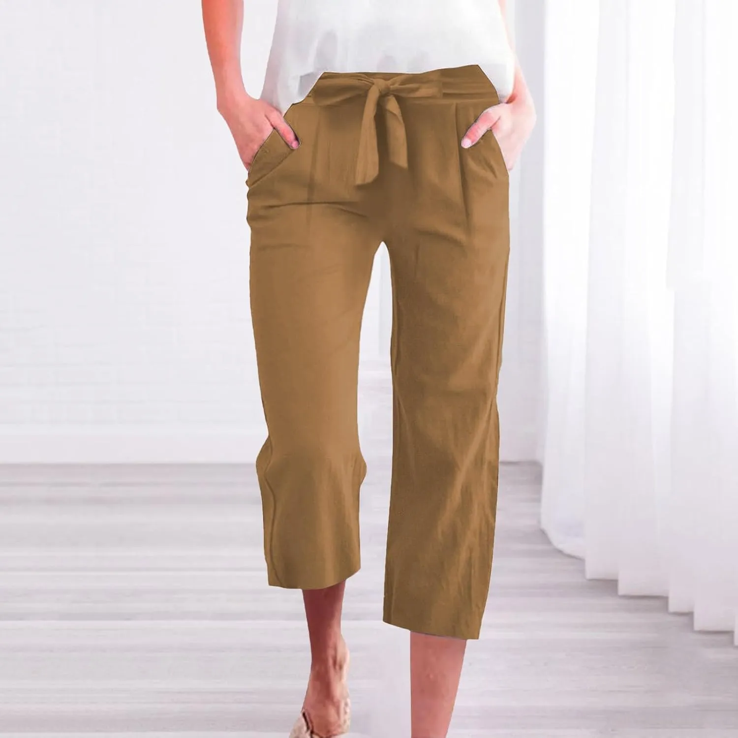 Plus Size Capris for Women Solid Color Elastic High Waist Lounge Pants Drawstring Pocket Wide Leg Cropped Trousers