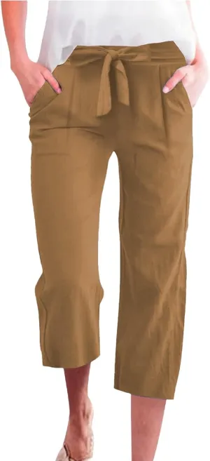 Plus Size Capris for Women Solid Color Elastic High Waist Lounge Pants Drawstring Pocket Wide Leg Cropped Trousers