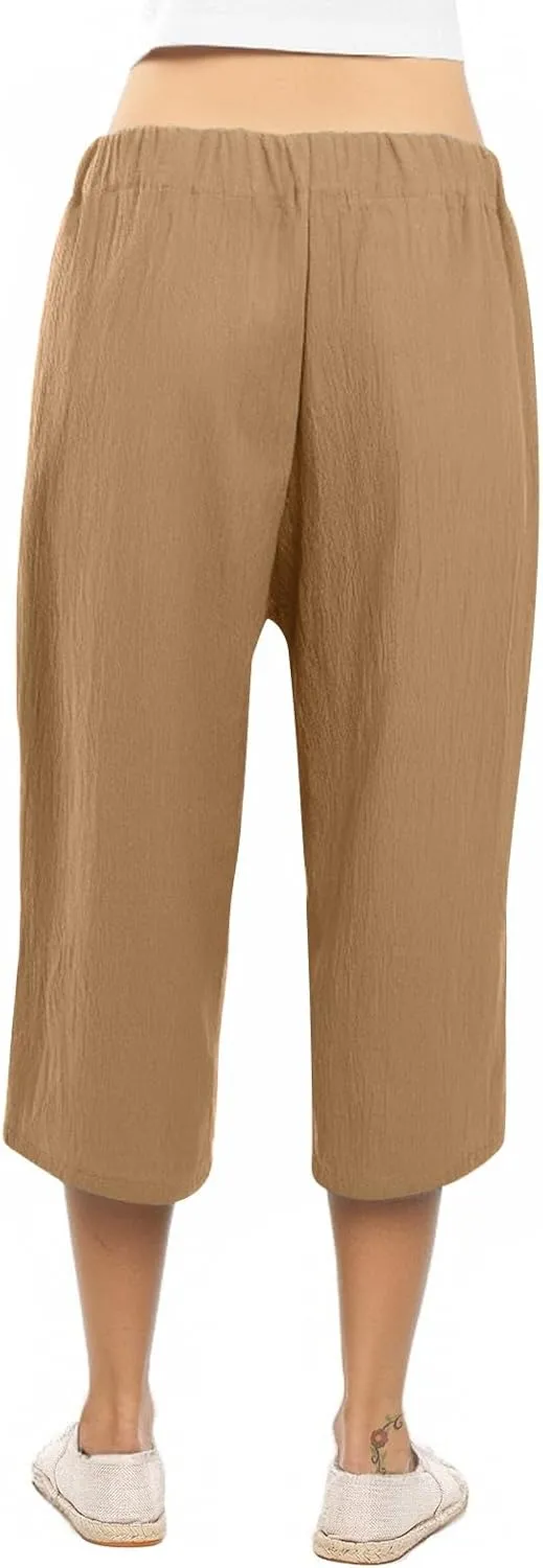 Plus Size Capris for Women Solid Color Elastic High Waist Lounge Pants Drawstring Pocket Wide Leg Cropped Trousers