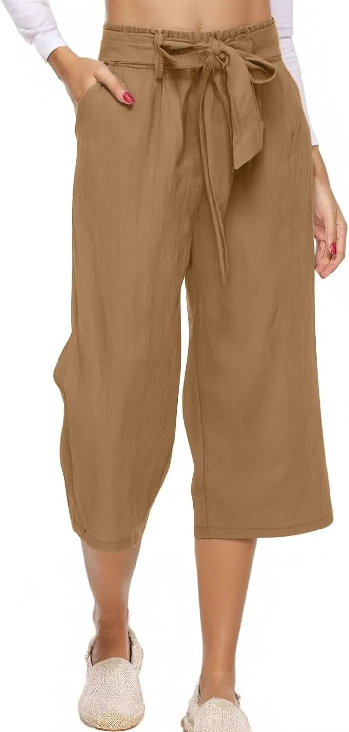 Plus Size Capris for Women Solid Color Elastic High Waist Lounge Pants Drawstring Pocket Wide Leg Cropped Trousers