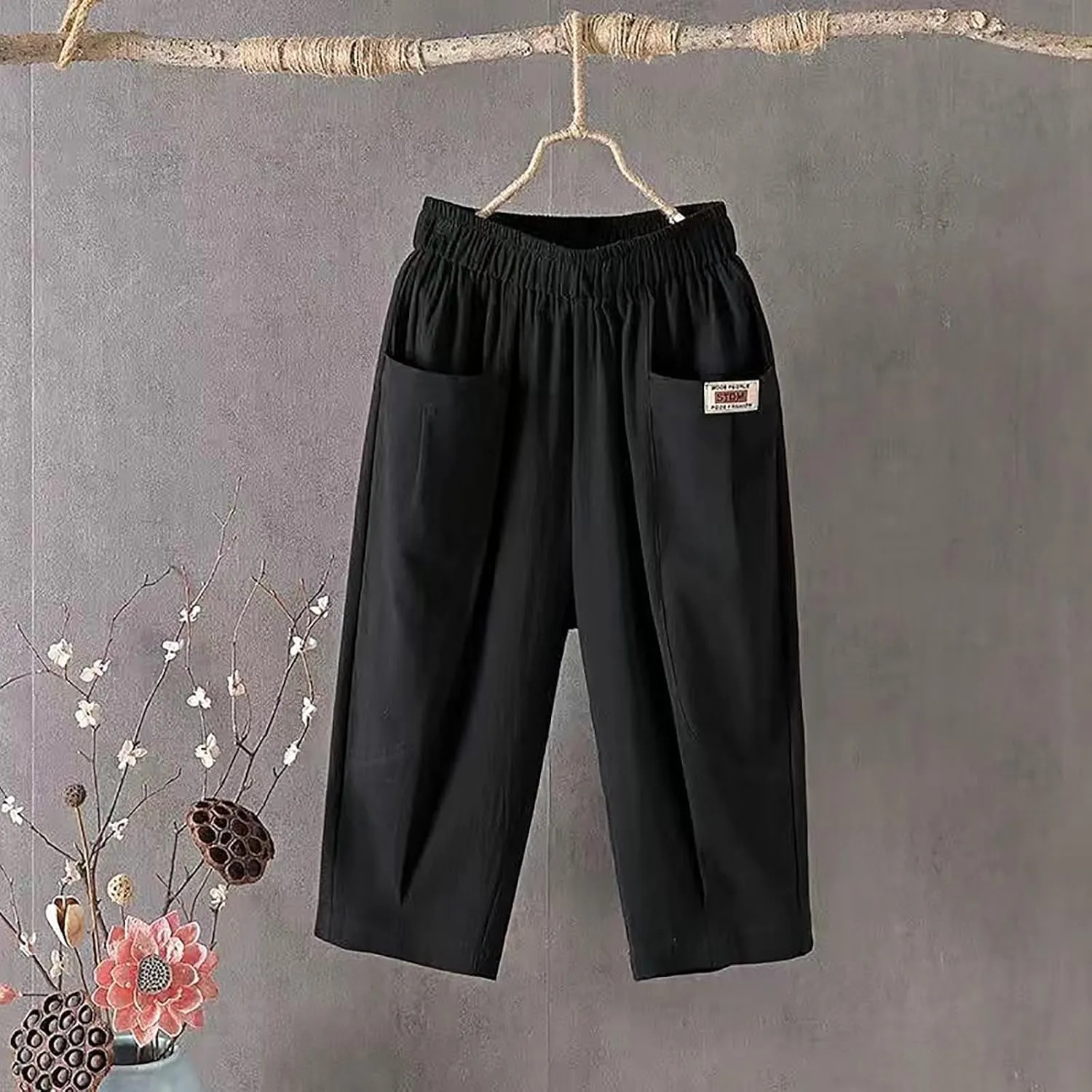 Plus Size Linen Pants for Women Cropped Pants Cotton High Waisted Trousers Loose Travel Vacation Lounge Trousers