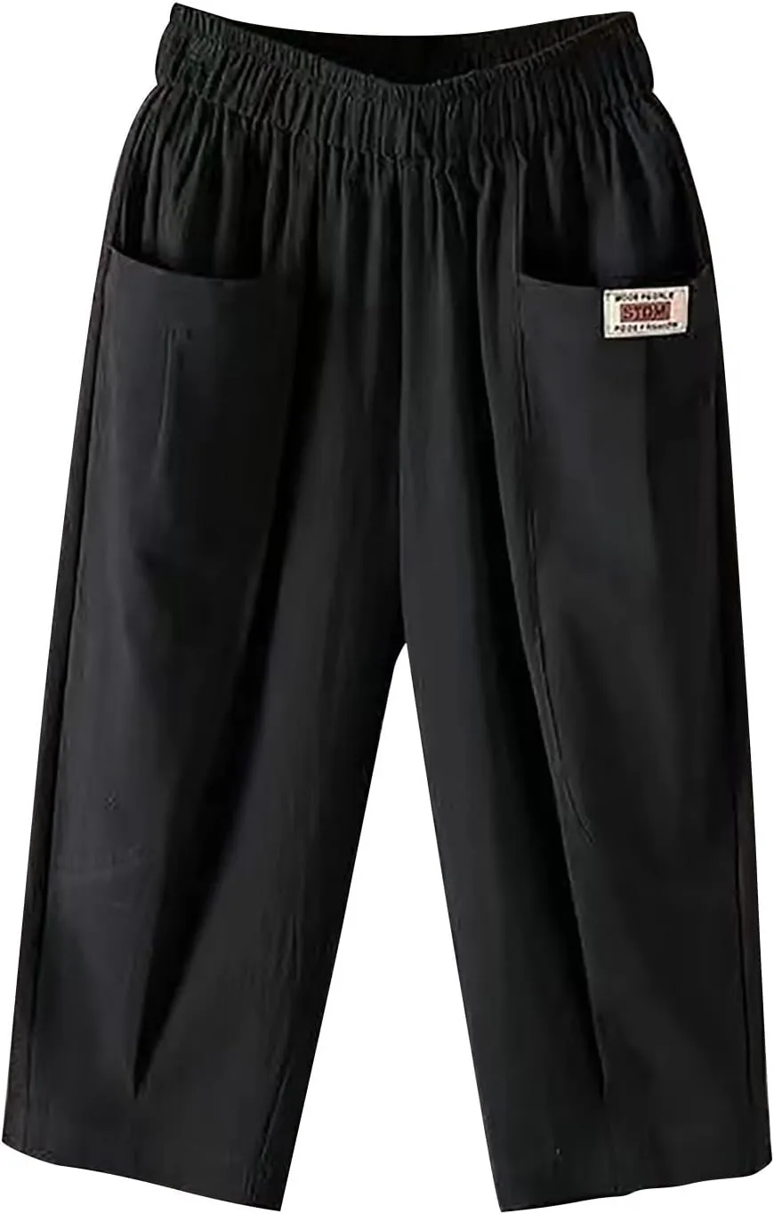 Plus Size Linen Pants for Women Cropped Pants Cotton High Waisted Trousers Loose Travel Vacation Lounge Trousers
