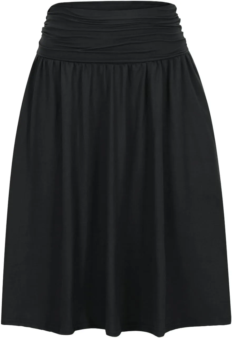 Plus Size Skirts for Women Knee Length Ruched Flowy Midi Skirt Loose Fit Casual Elastic High Waist Skirt with Pocket