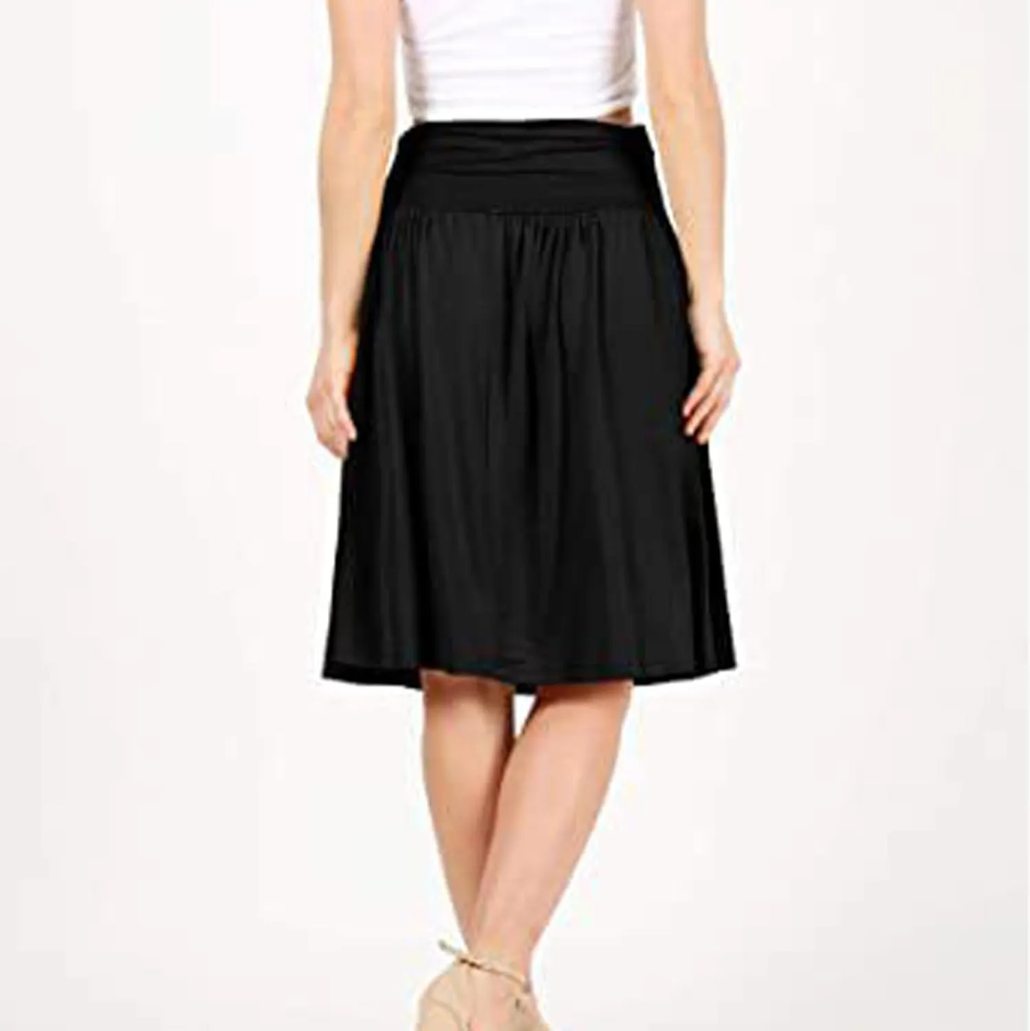 Plus Size Skirts for Women Knee Length Ruched Flowy Midi Skirt Loose Fit Casual Elastic High Waist Skirt with Pocket