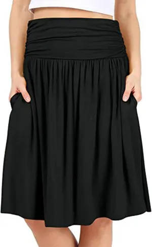 Plus Size Skirts for Women Knee Length Ruched Flowy Midi Skirt Loose Fit Casual Elastic High Waist Skirt with Pocket
