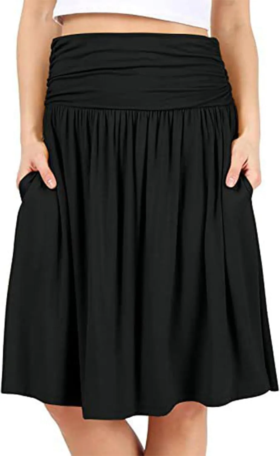 Plus Size Skirts for Women Knee Length Ruched Flowy Midi Skirt Loose Fit Casual Elastic High Waist Skirt with Pocket