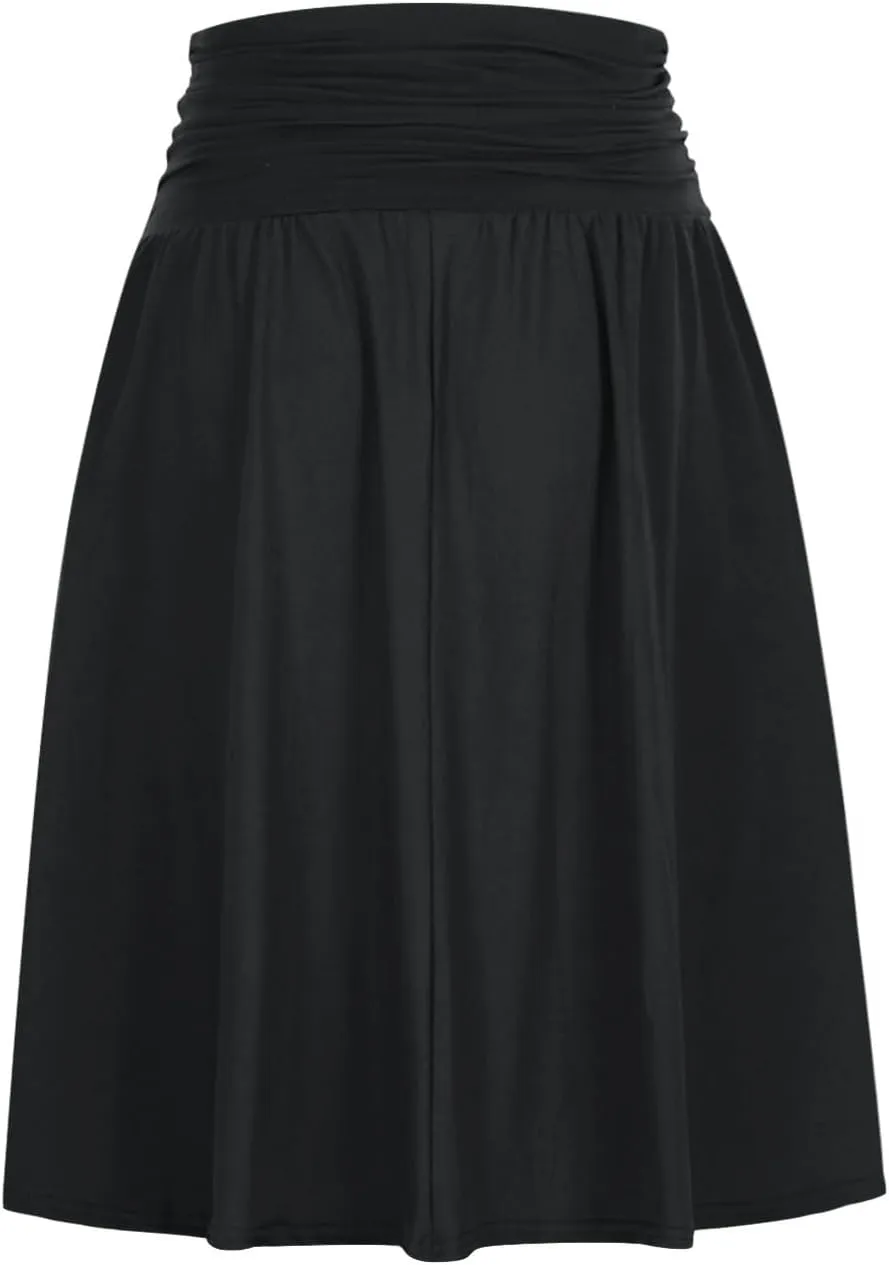Plus Size Skirts for Women Knee Length Ruched Flowy Midi Skirt Loose Fit Casual Elastic High Waist Skirt with Pocket