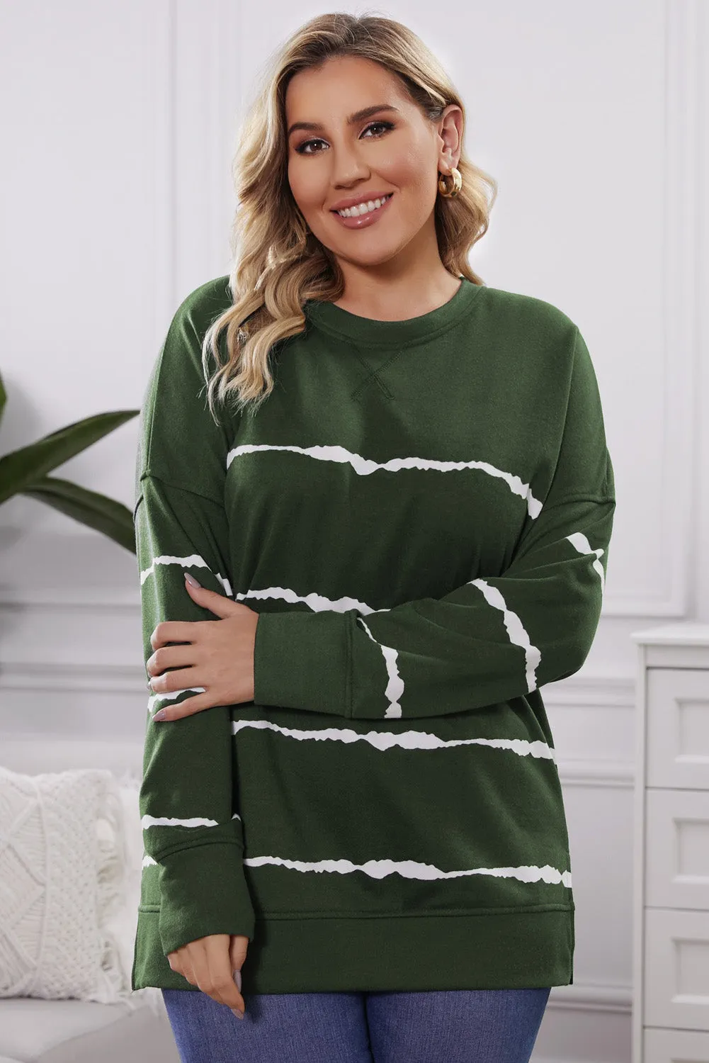 Plus Size Striped Side Slit Sweatshirt