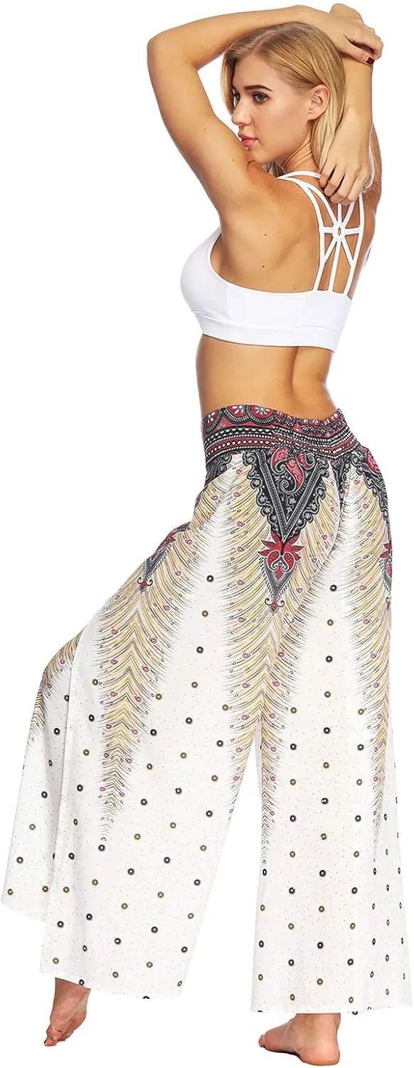 PNKJ Womens Slit Wide Leg Pants-Casual Hippie Bohemian Pilate Beach Boho Baggy Yoga Pants