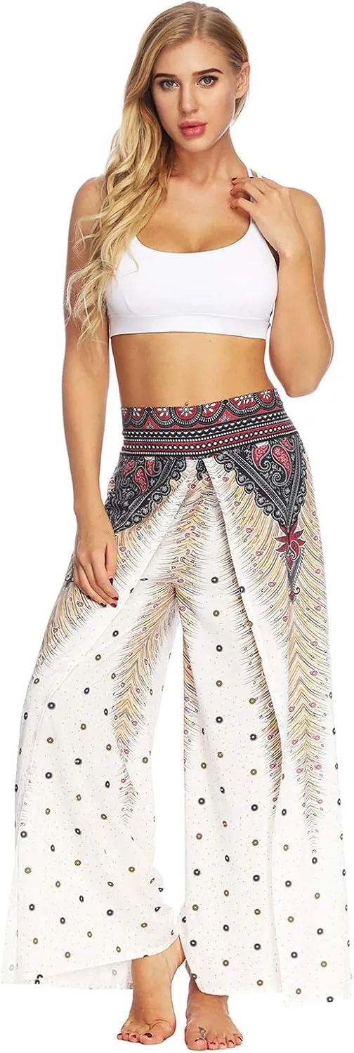 PNKJ Womens Slit Wide Leg Pants-Casual Hippie Bohemian Pilate Beach Boho Baggy Yoga Pants