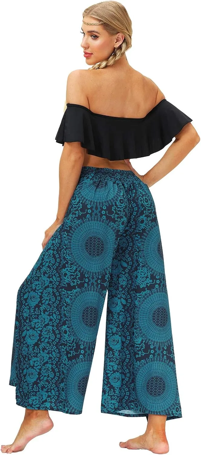 PNKJ Womens Slit Wide Leg Pants-Casual Hippie Bohemian Pilate Beach Boho Baggy Yoga Pants