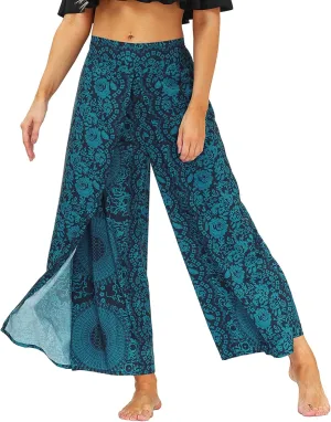 PNKJ Womens Slit Wide Leg Pants-Casual Hippie Bohemian Pilate Beach Boho Baggy Yoga Pants