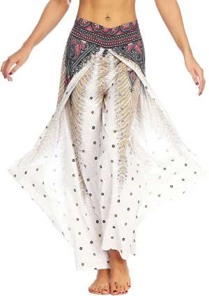 PNKJ Womens Slit Wide Leg Pants-Casual Hippie Bohemian Pilate Beach Boho Baggy Yoga Pants