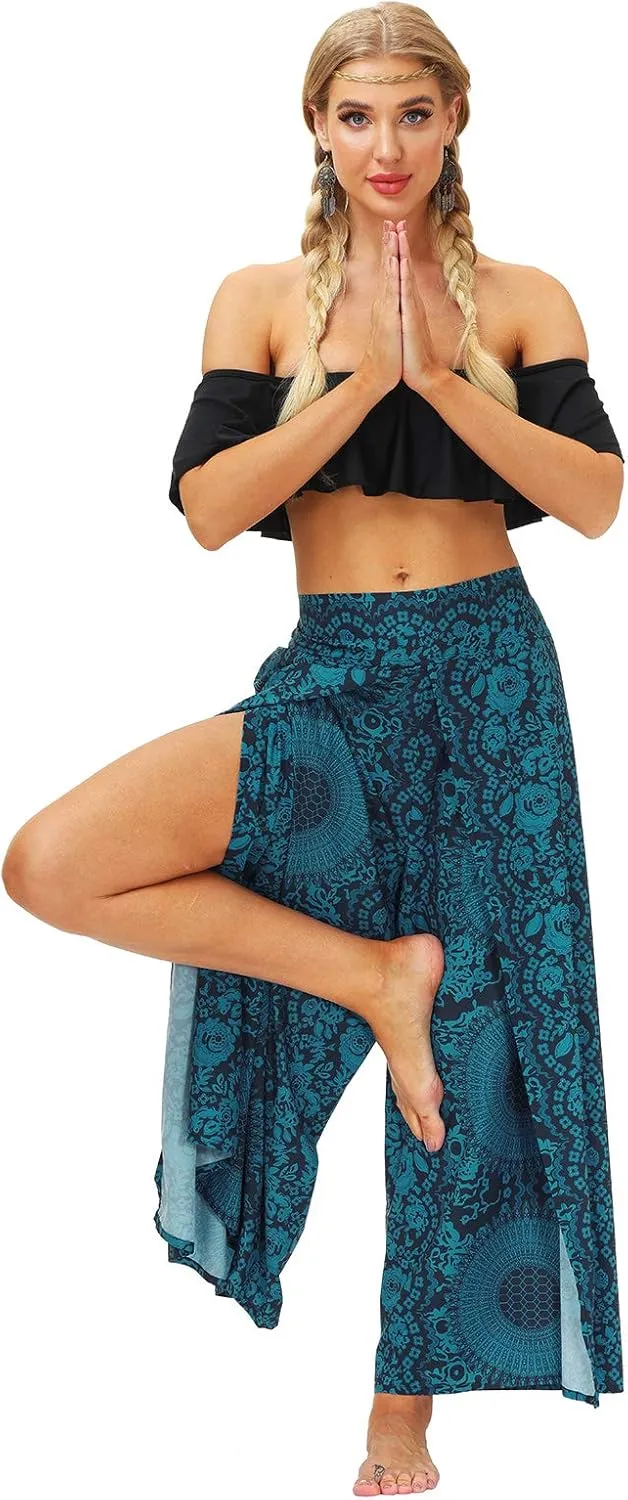 PNKJ Womens Slit Wide Leg Pants-Casual Hippie Bohemian Pilate Beach Boho Baggy Yoga Pants