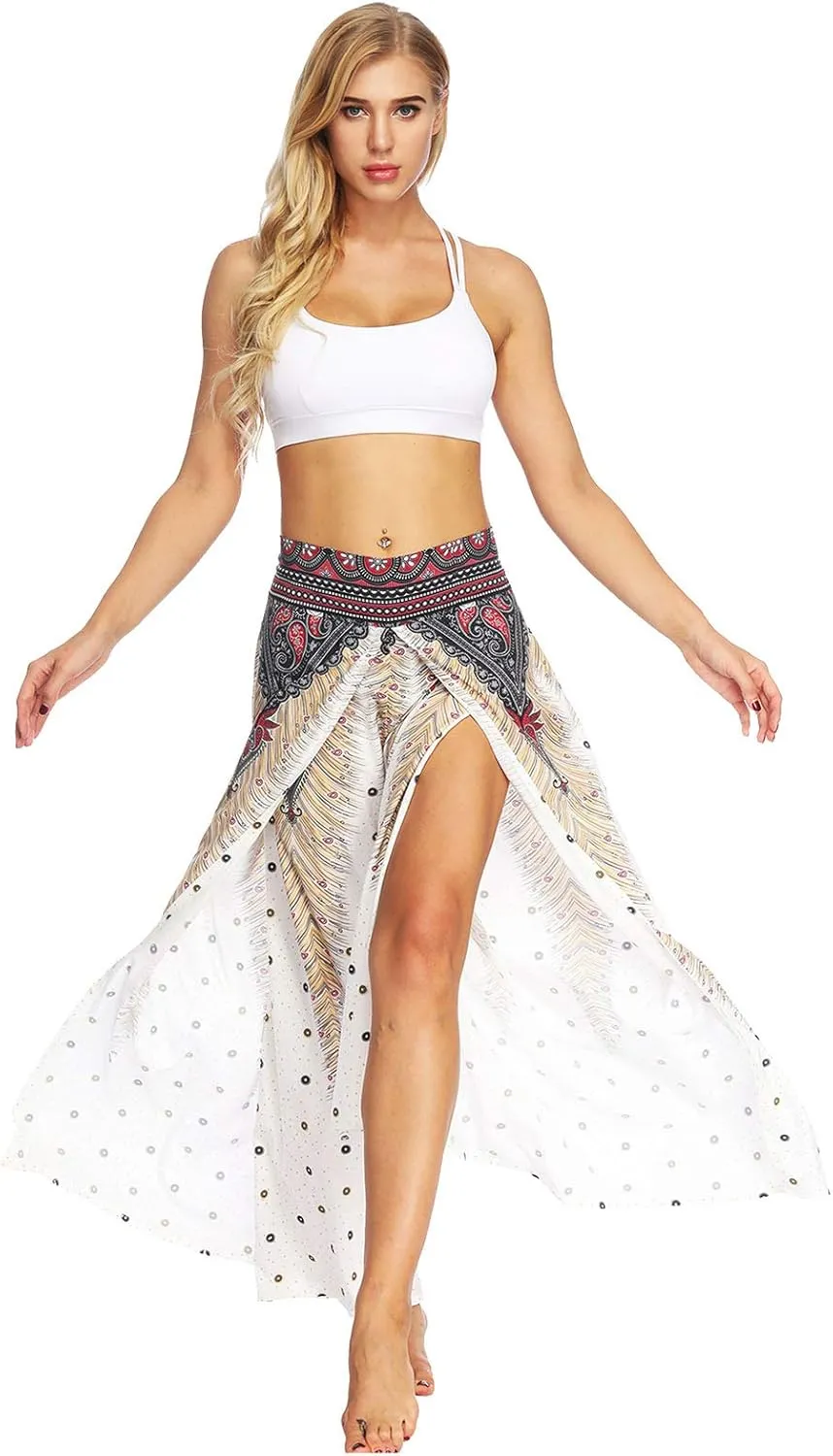PNKJ Womens Slit Wide Leg Pants-Casual Hippie Bohemian Pilate Beach Boho Baggy Yoga Pants