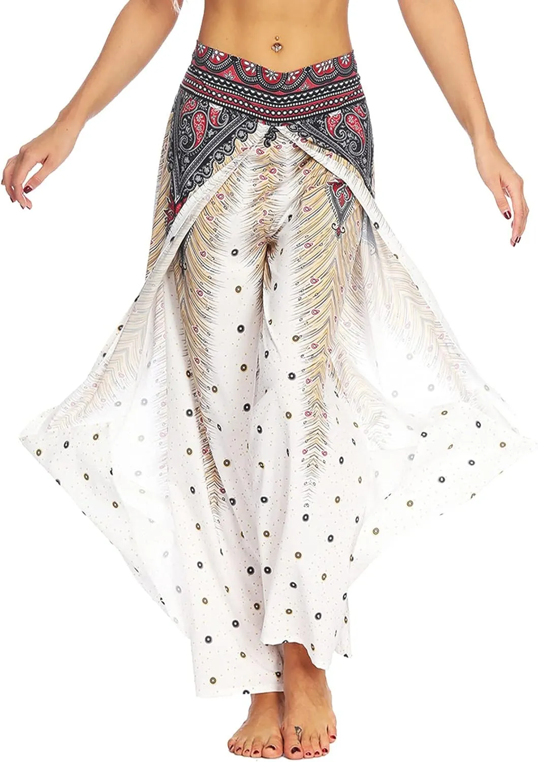 PNKJ Womens Slit Wide Leg Pants-Casual Hippie Bohemian Pilate Beach Boho Baggy Yoga Pants