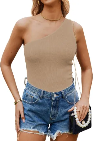 Poetsky Womens One Shoulder Tank Tops Summer Sleeveless Ribbed Knit Shirts Slim Fitted Tee Blouses