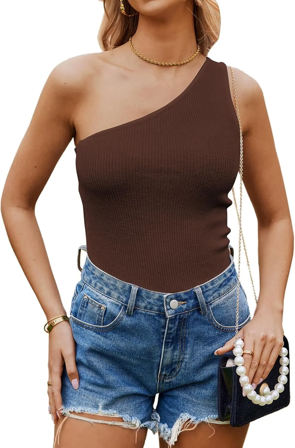 Poetsky Womens One Shoulder Tank Tops Summer Sleeveless Ribbed Knit Shirts Slim Fitted Tee Blouses