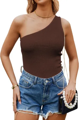Poetsky Womens One Shoulder Tank Tops Summer Sleeveless Ribbed Knit Shirts Slim Fitted Tee Blouses