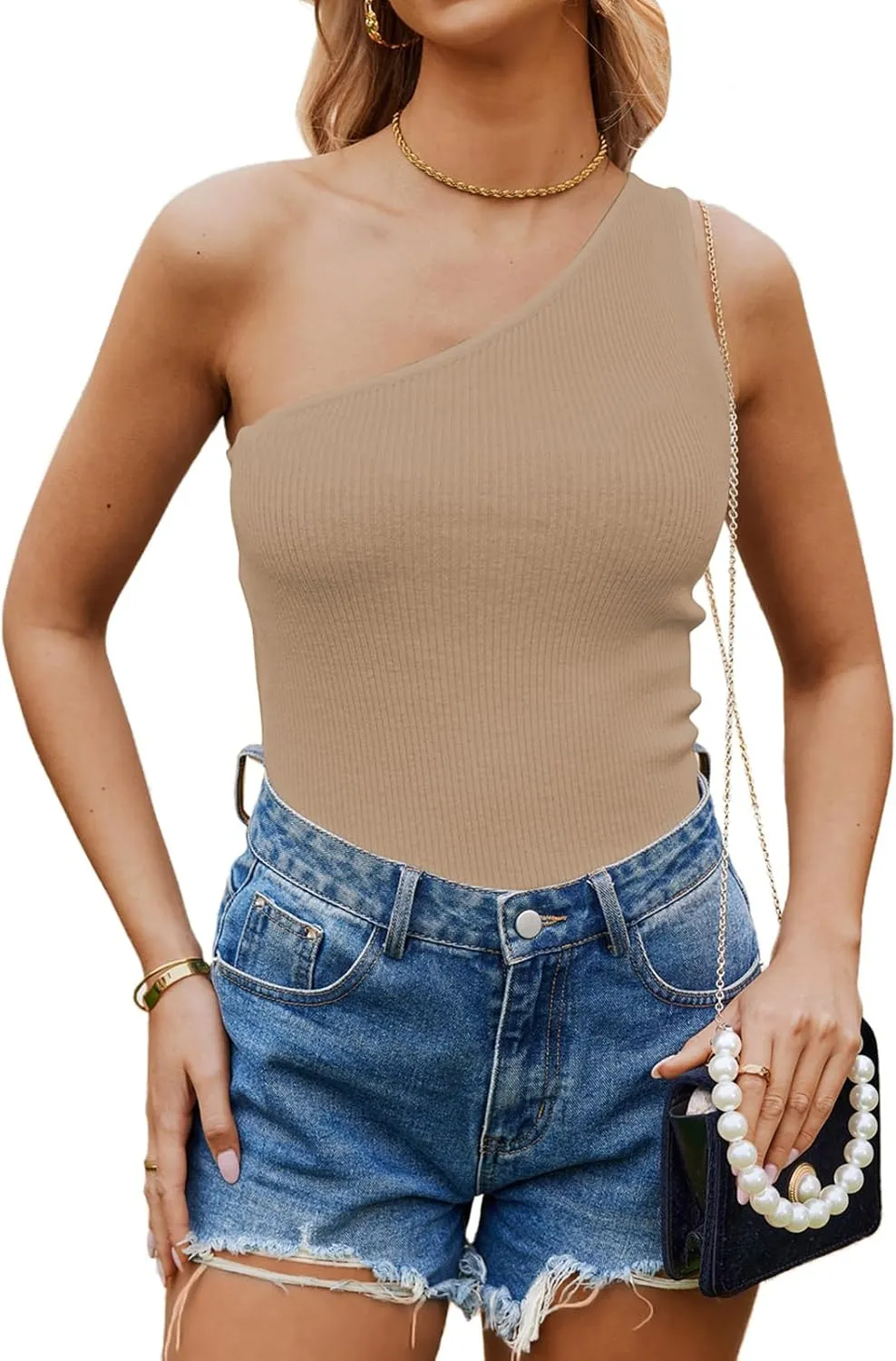 Poetsky Womens One Shoulder Tank Tops Summer Sleeveless Ribbed Knit Shirts Slim Fitted Tee Blouses