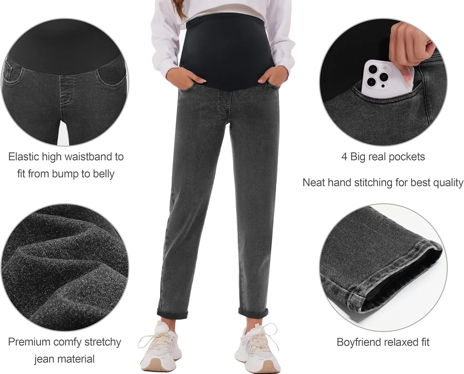 POSHGLAM Women's Maternity Jeans Over Belly Comfy Stretch Boyfriend Jeans Loose Pregnancy Pants, S-XXL
