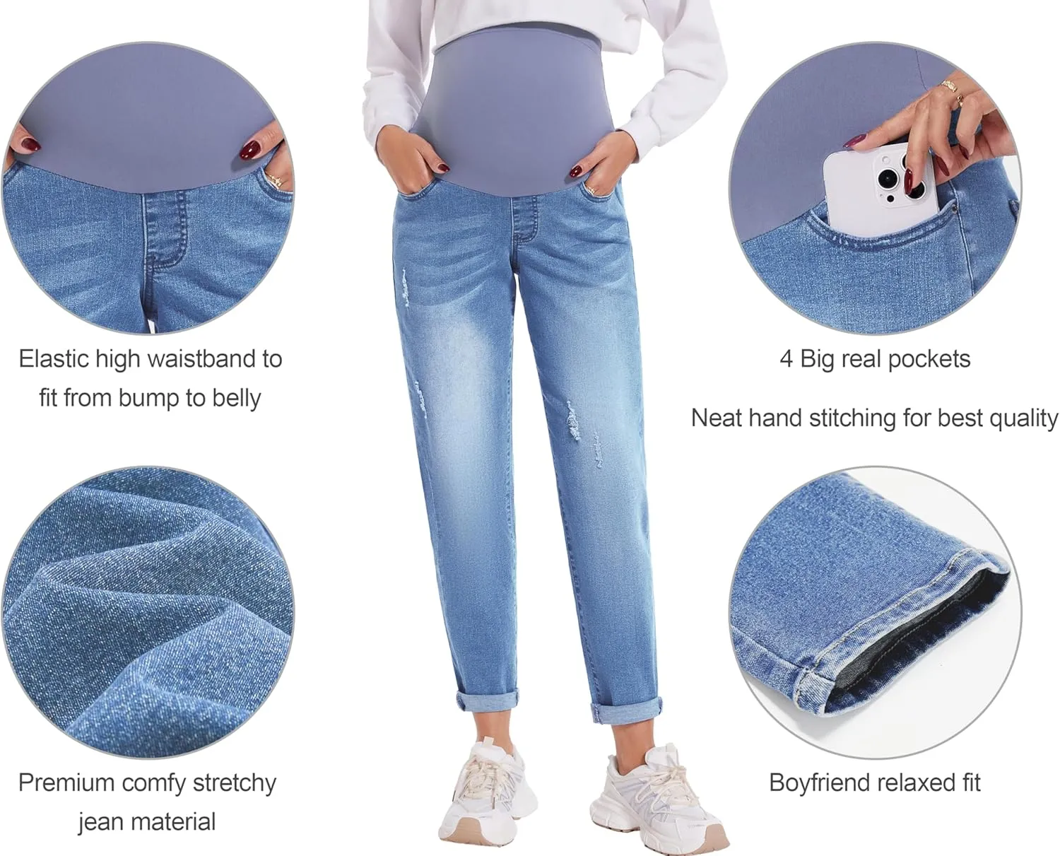 POSHGLAM Women's Maternity Jeans Over Belly Comfy Stretch Boyfriend Jeans Loose Pregnancy Pants, S-XXL