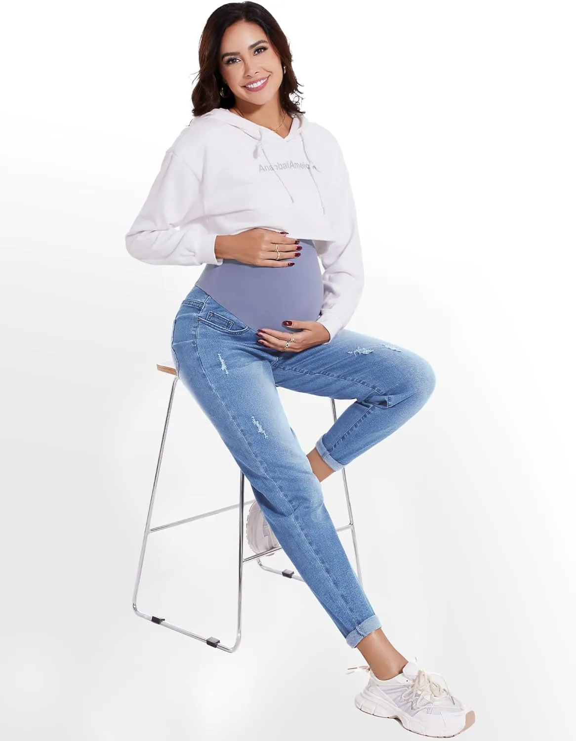 POSHGLAM Women's Maternity Jeans Over Belly Comfy Stretch Boyfriend Jeans Loose Pregnancy Pants, S-XXL