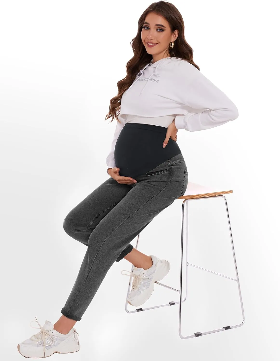 POSHGLAM Women's Maternity Jeans Over Belly Comfy Stretch Boyfriend Jeans Loose Pregnancy Pants, S-XXL