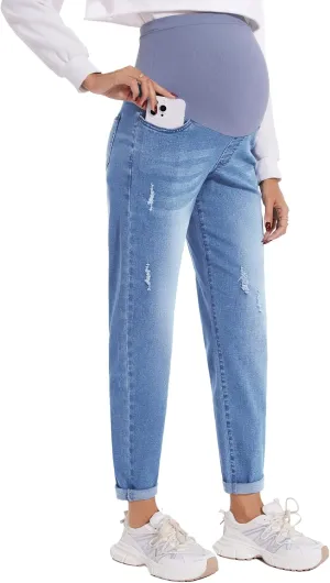 POSHGLAM Women's Maternity Jeans Over Belly Comfy Stretch Boyfriend Jeans Loose Pregnancy Pants, S-XXL