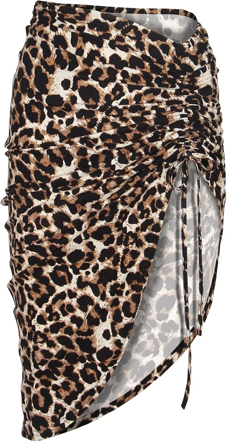 PRIMODA Women's Asymmetrical Bodycon Drawstring Ruched Midi Skirt with Thigh High Slit