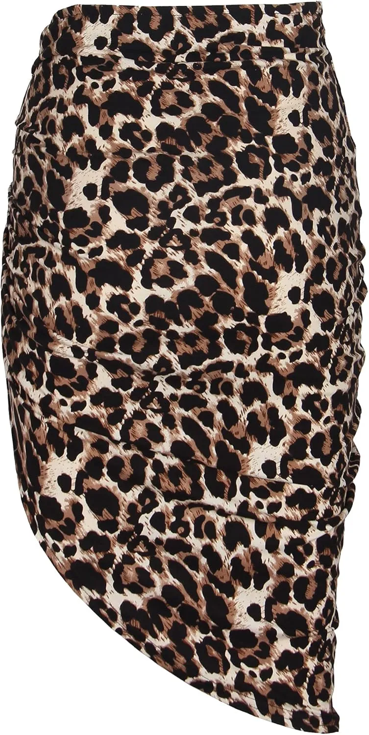 PRIMODA Women's Asymmetrical Bodycon Drawstring Ruched Midi Skirt with Thigh High Slit