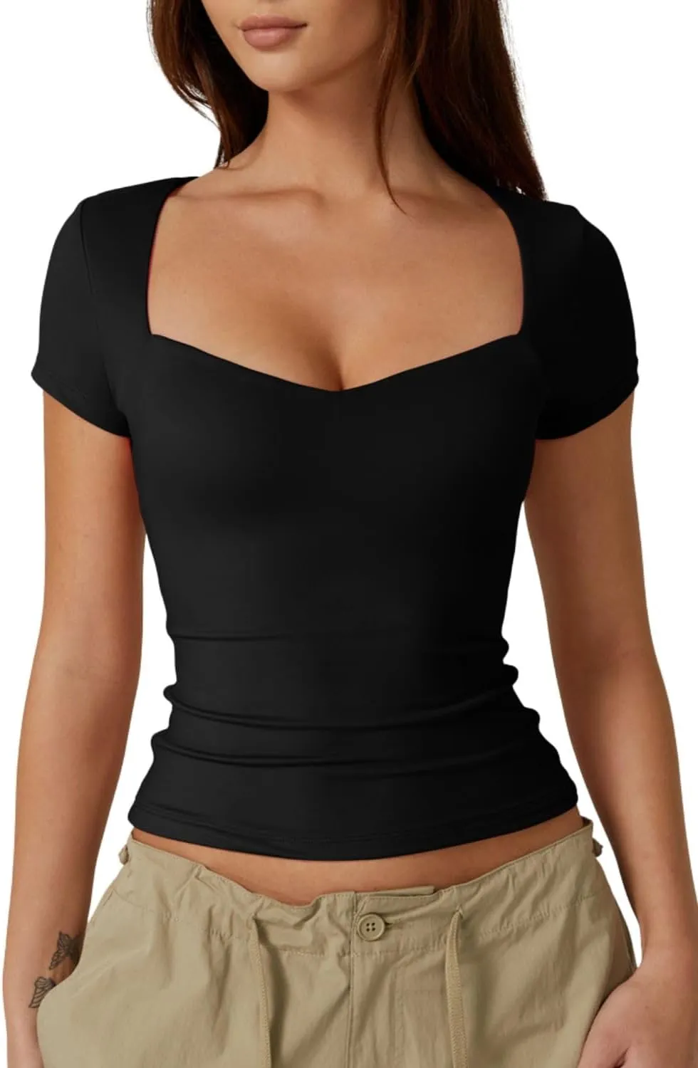 QINSEN Womens Sweetheart Neck Short Sleeve T Shirts Slim Fit Basic Tee Trendy Crop Top
