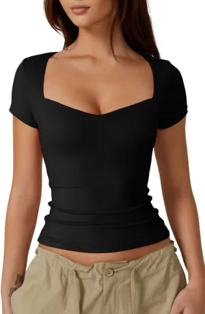 QINSEN Womens Sweetheart Neck Short Sleeve T Shirts Slim Fit Basic Tee Trendy Crop Top