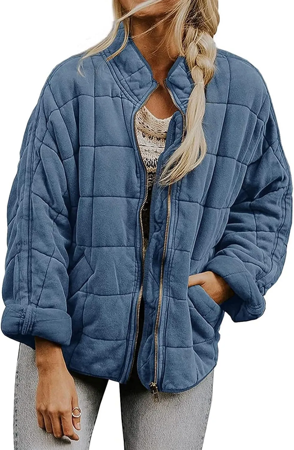 Quilted Jackets for Women Lightweight Puffer Jacket Dolman Long Sleeve Zip Up Padded Jacket Down Winter Coat Outwear