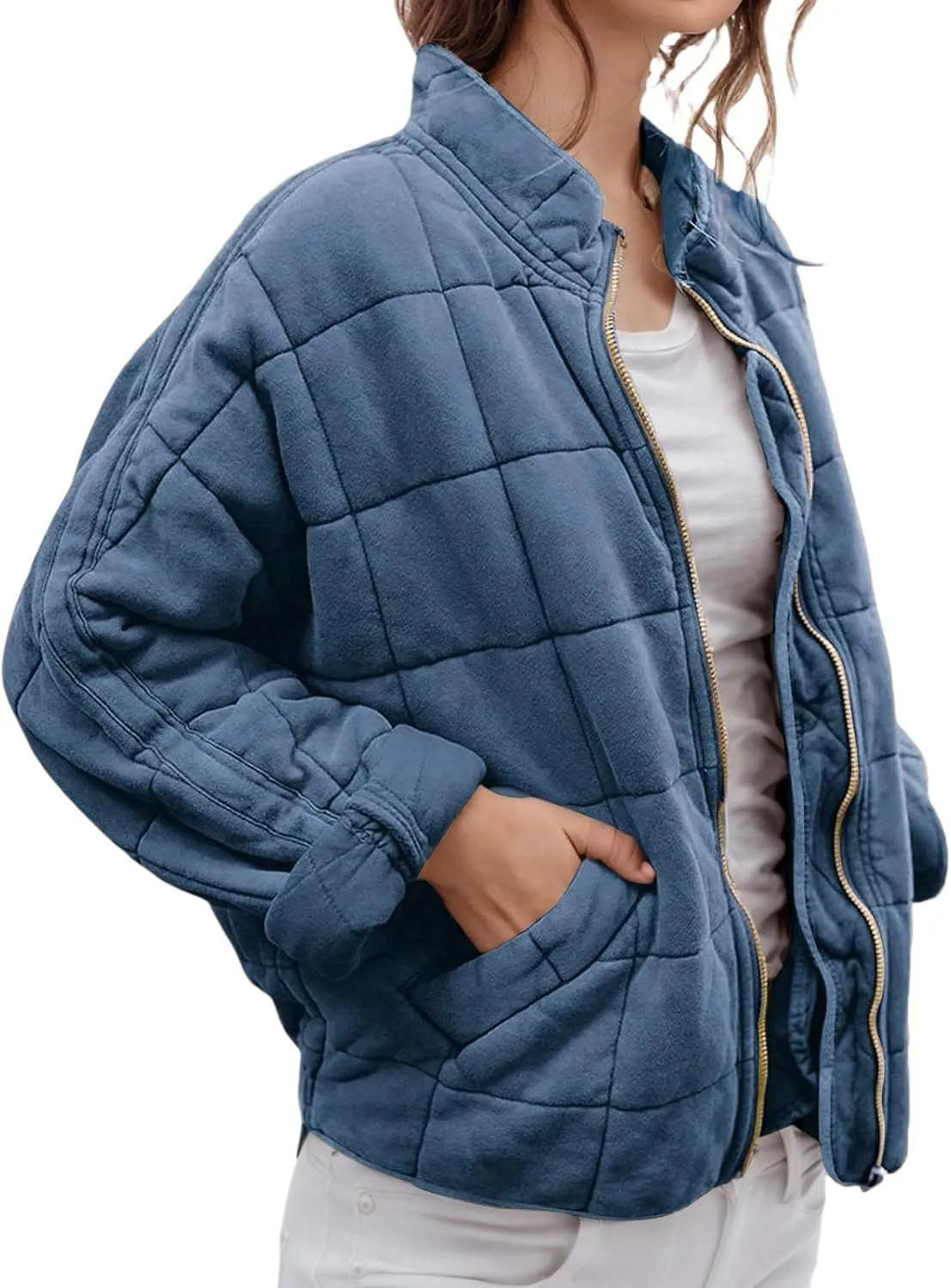Quilted Jackets for Women Lightweight Puffer Jacket Dolman Long Sleeve Zip Up Padded Jacket Down Winter Coat Outwear