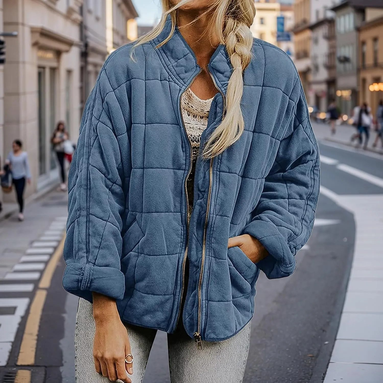 Quilted Jackets for Women Lightweight Puffer Jacket Dolman Long Sleeve Zip Up Padded Jacket Down Winter Coat Outwear