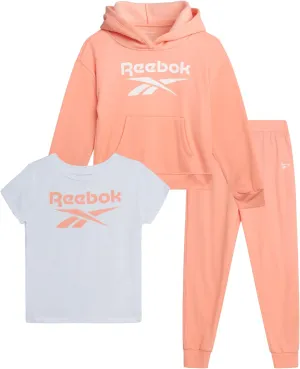 Reebok Girls' Activewear Set - 3 Piece Stylish Graphic T-Shirt, Fleece Pullover Hoodie, and Jogger Sweatpants (Size: 4-12)