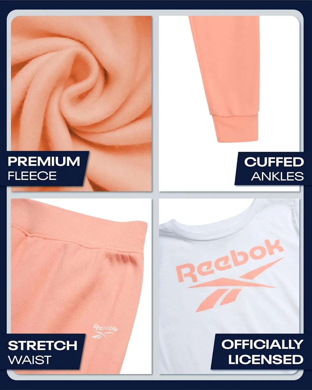 Reebok Girls' Activewear Set - 3 Piece Stylish Graphic T-Shirt, Fleece Pullover Hoodie, and Jogger Sweatpants (Size: 4-12)
