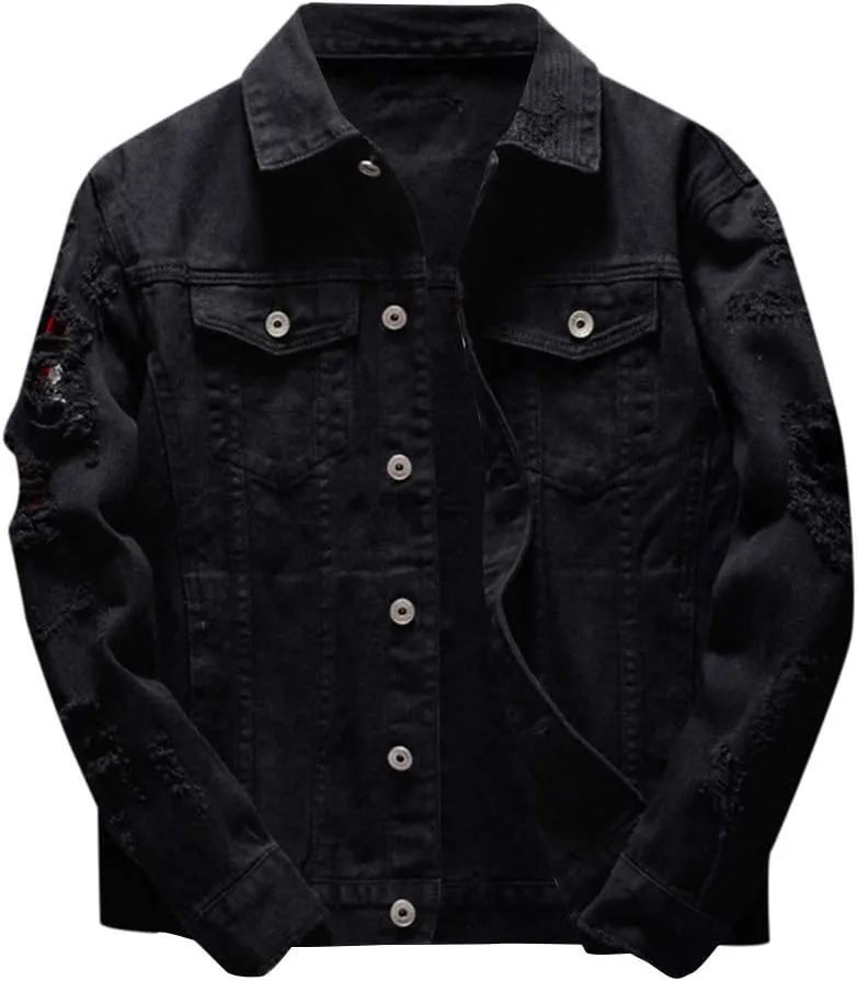 Ripped Denim Jacket for Men Hippie Style Winter Cardigan Top Fall Stylish Streetwear
