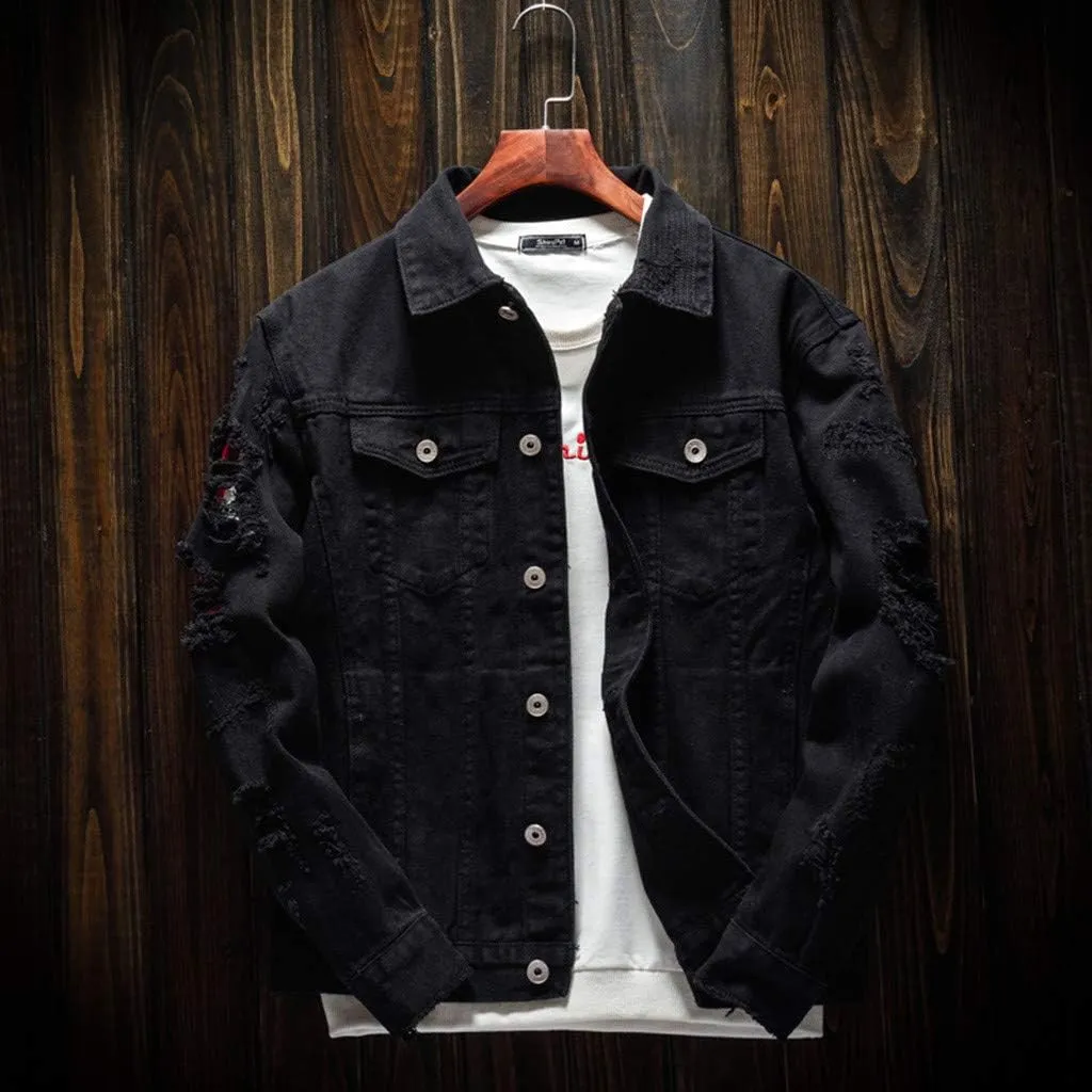 Ripped Denim Jacket for Men Hippie Style Winter Cardigan Top Fall Stylish Streetwear