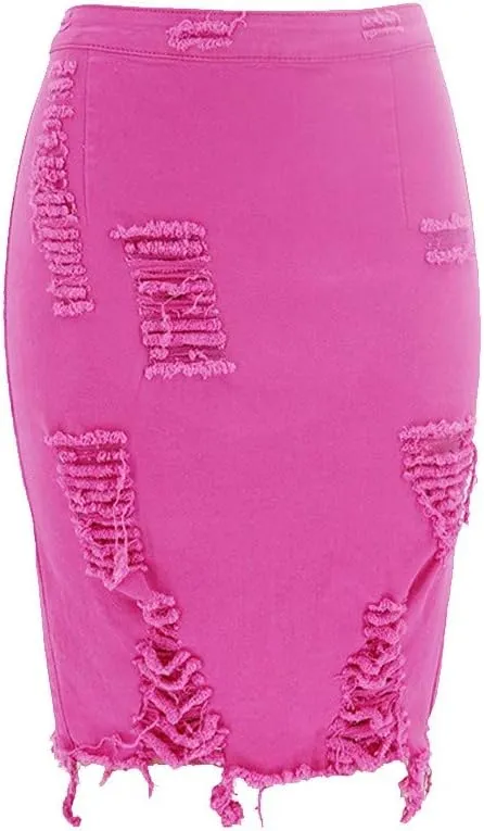 Ripped Distressed Denim Skirt for Women High Waisted Bodycon Skirt Summer Sexy Pencil Skirt