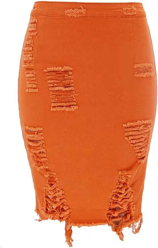 Ripped Distressed Denim Skirt for Women Summer High Waisted Pencil Skirt Sexy Bodycon Skirt