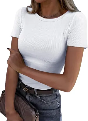 Roselux Women Crew Neck Ribbed Fitted Tight Tshirt Short Sleeve Shirt Basic Knit Top